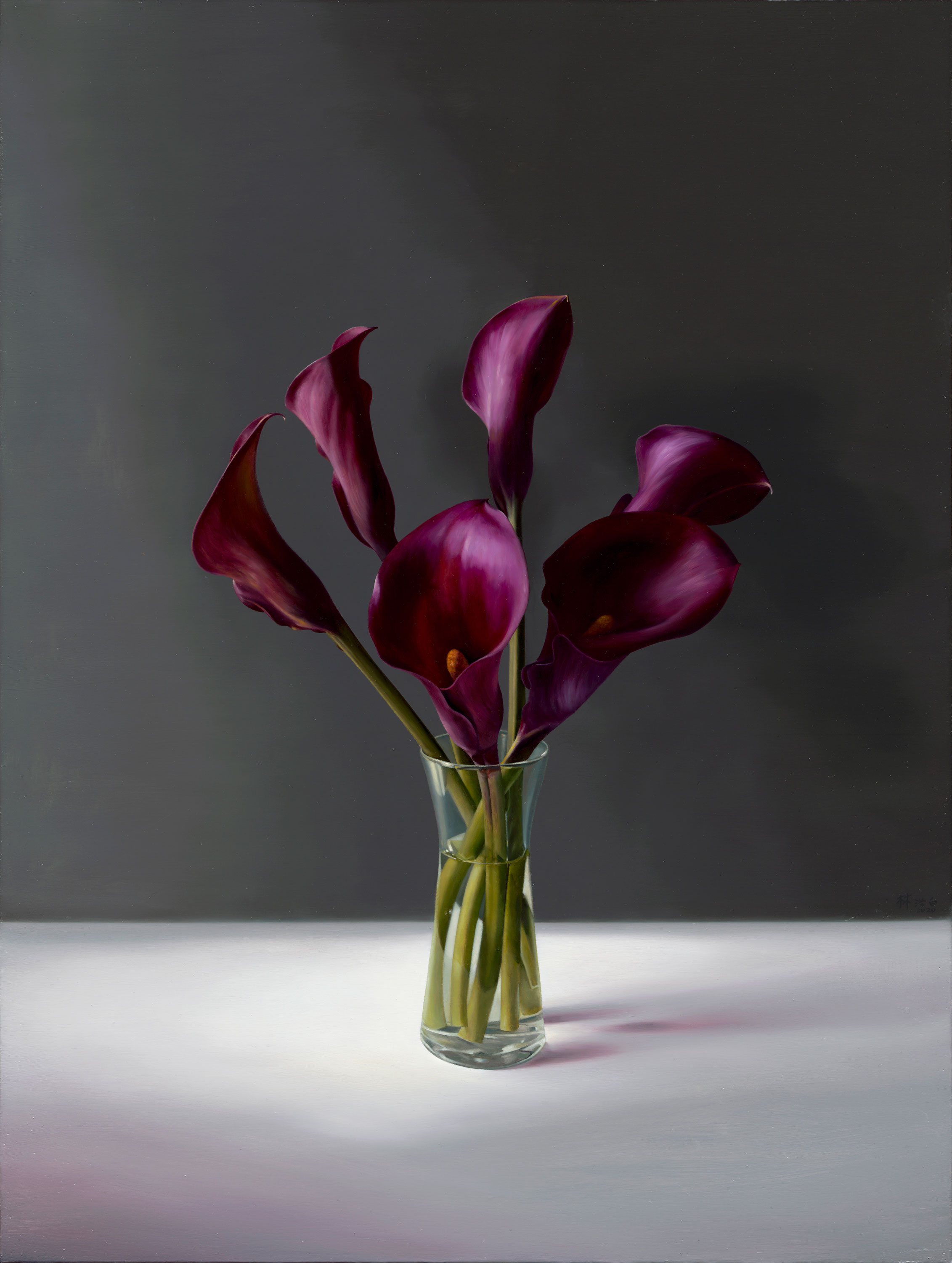 Fine Moments|美好時光作品-Purple Calla Lily and Grey Wall|紫色海芋與灰牆|,Oil on linen mounted on
					panel|油彩木板裱麻,61 x 46 cm|2020