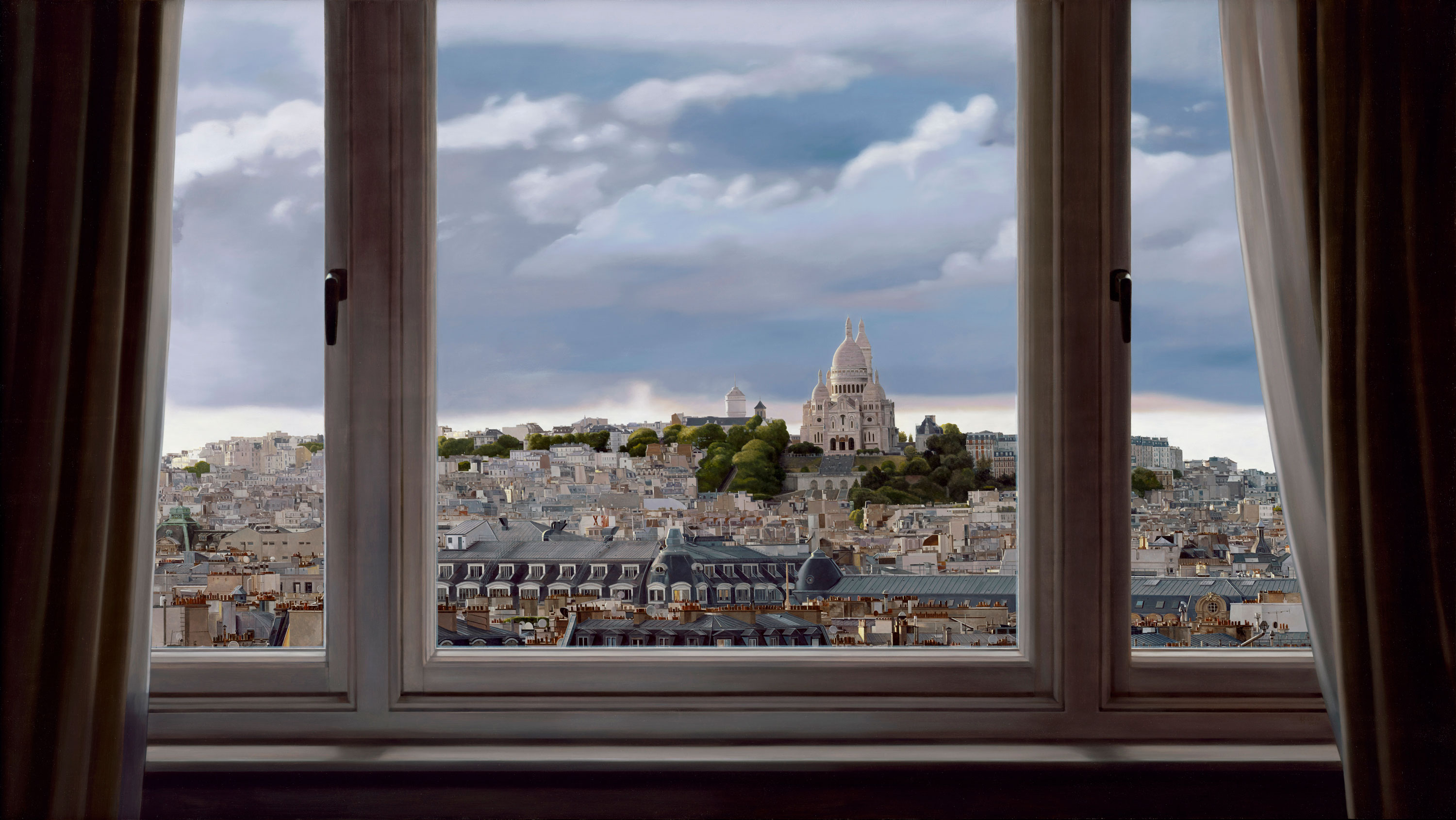 Windows|窗作品-Overlooking the White Church of Montmartre Before Sunset|落日前遠望蒙馬特的白教堂|,Oil on linen mounted on
								panel|油彩木板裱麻,112 x 198 cm|2020