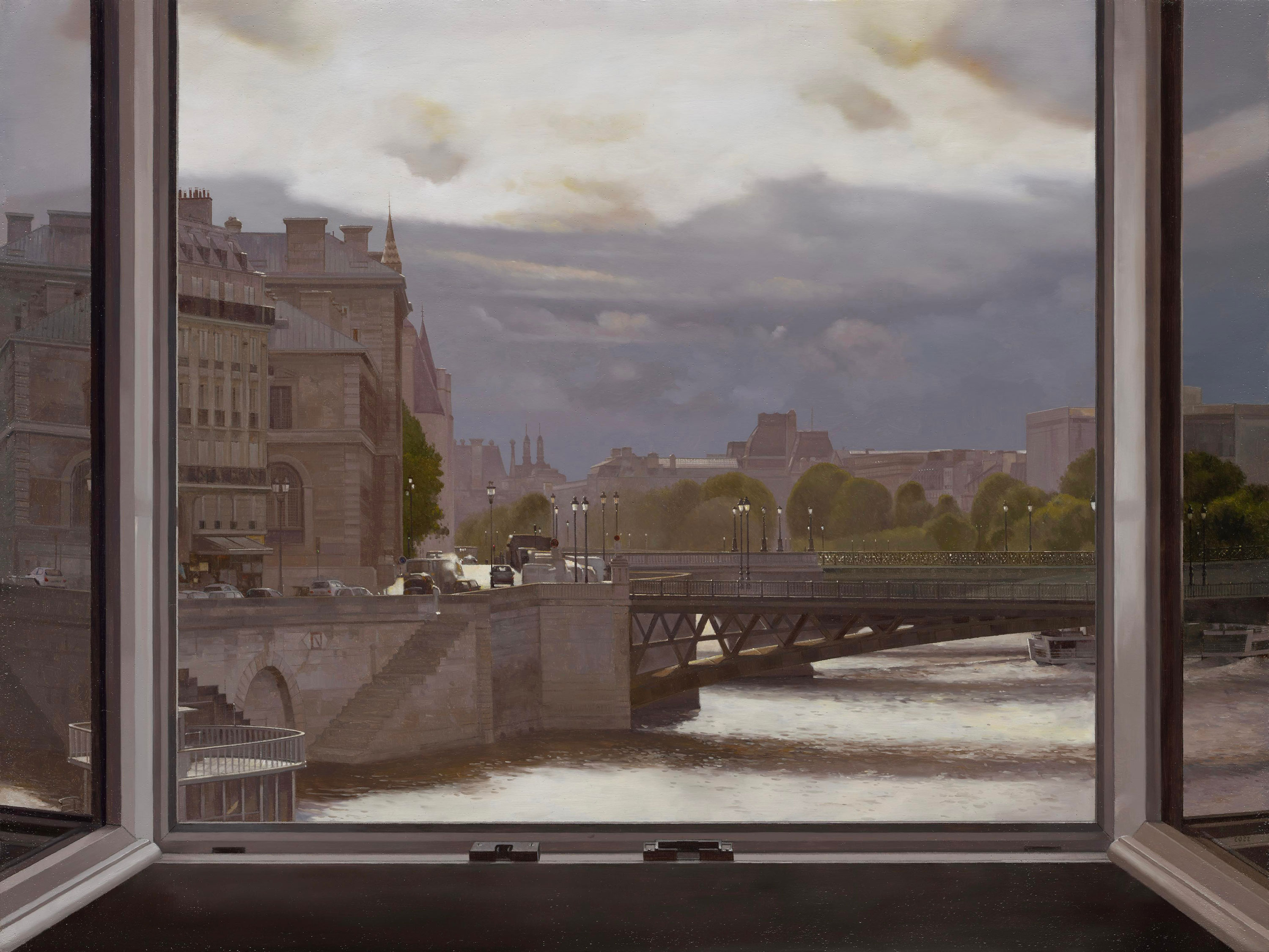 Windows|窗作品-Île de la Cité at
									Sunset|日暮的西堤島|,Oil on linen mounted on
									panel|油彩木板裱麻,46 x 61 cm|2022